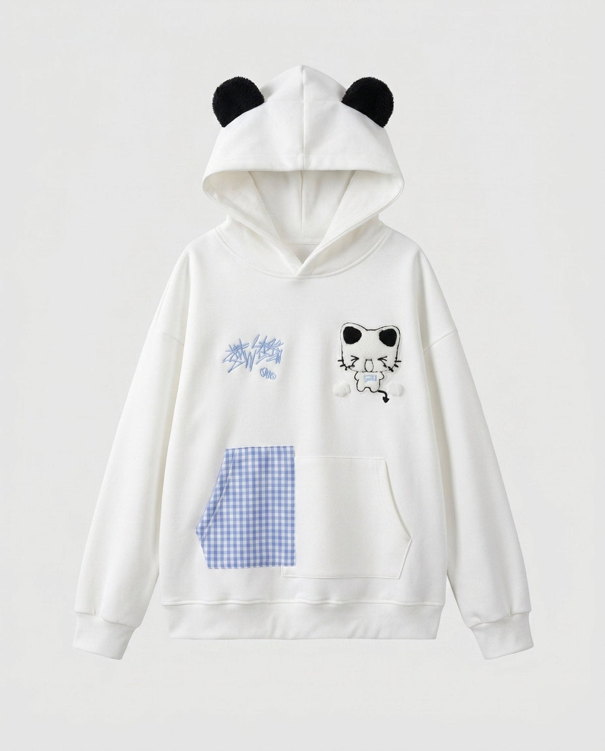 Women's hoodie with playful cat design and checkered pocket - Chichicherry