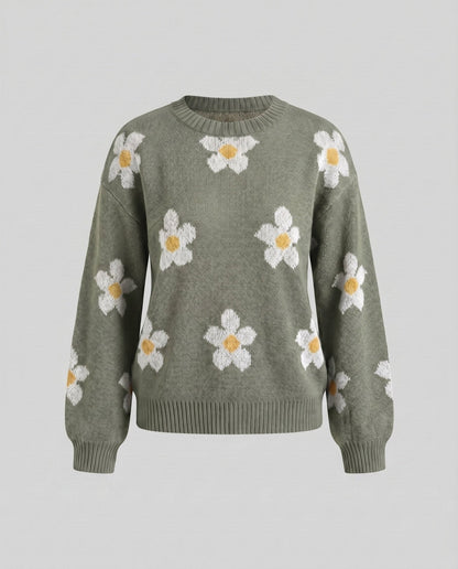 Women's knit pullover with floral patterns and relaxed fit - Chichicherry