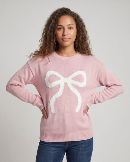 Women's knit sweater with decorative bow motif and casual fit - Chichicherry