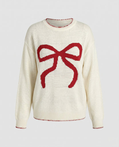 Women's knit sweater with decorative bow motif and casual fit - Chichicherry