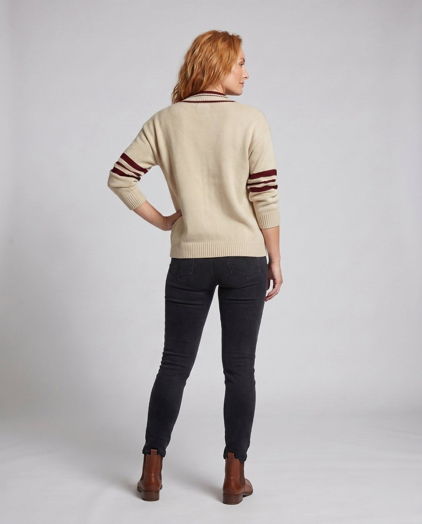 Women's knit sweater with deep V-neck and sporty stripes - Chichicherry