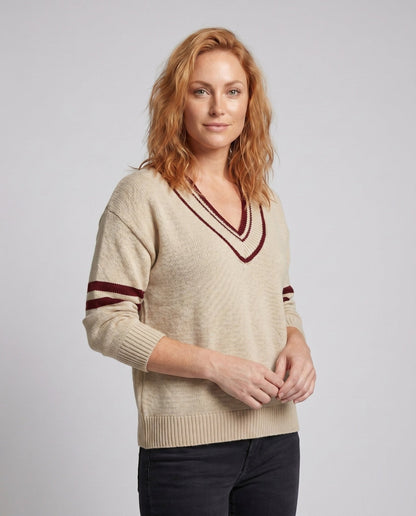 Women's knit sweater with deep V-neck and sporty stripes - Chichicherry