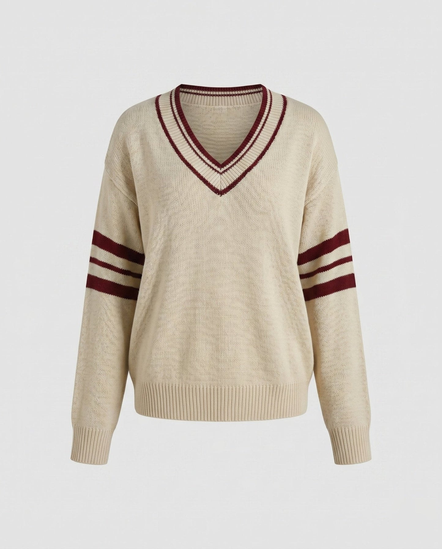 Women's knit sweater with deep V-neck and sporty stripes - Chichicherry