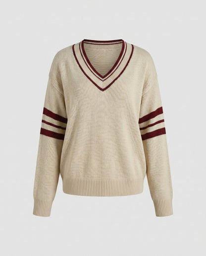 Women's knit sweater with deep V-neck and sporty stripes - Chichicherry