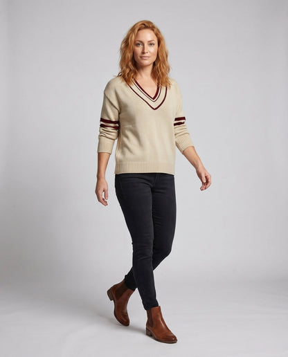 Women's knit sweater with deep V-neck and sporty stripes - Chichicherry