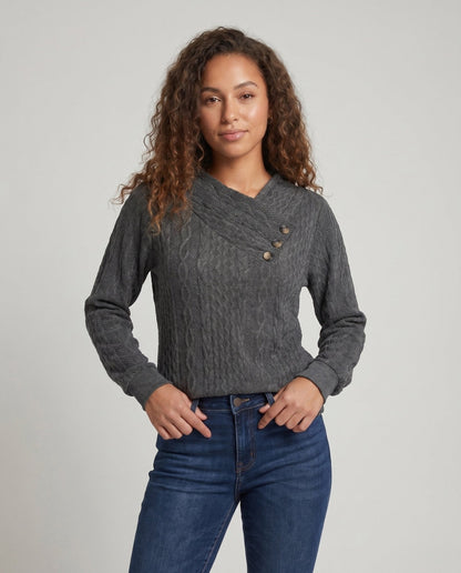 Women's knit sweater with diagonal button decoration and textured surface - Chichicherry