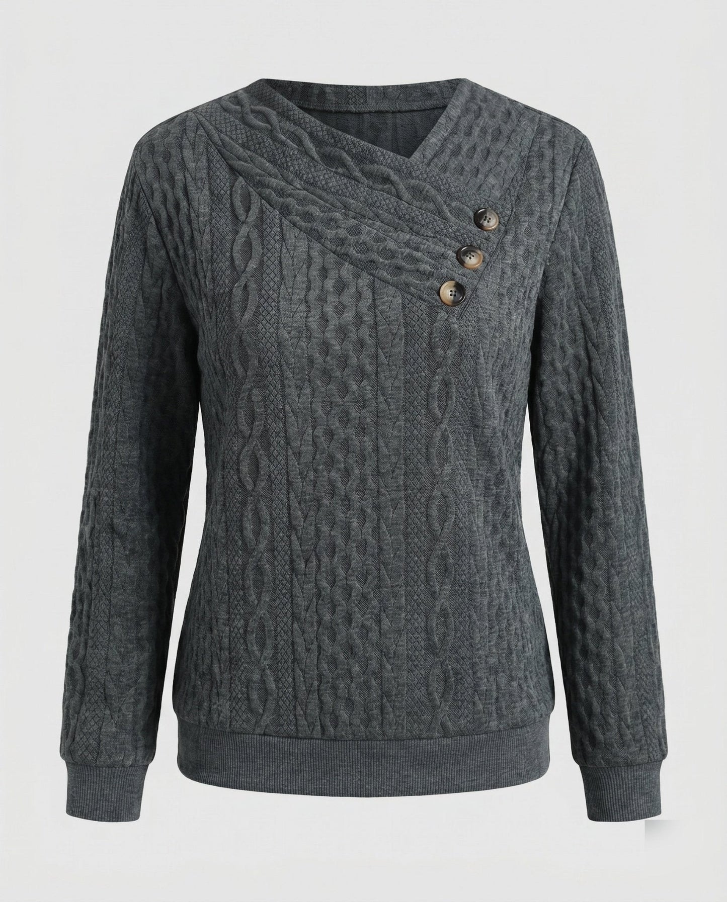 Women's knit sweater with diagonal button decoration and textured surface - Chichicherry