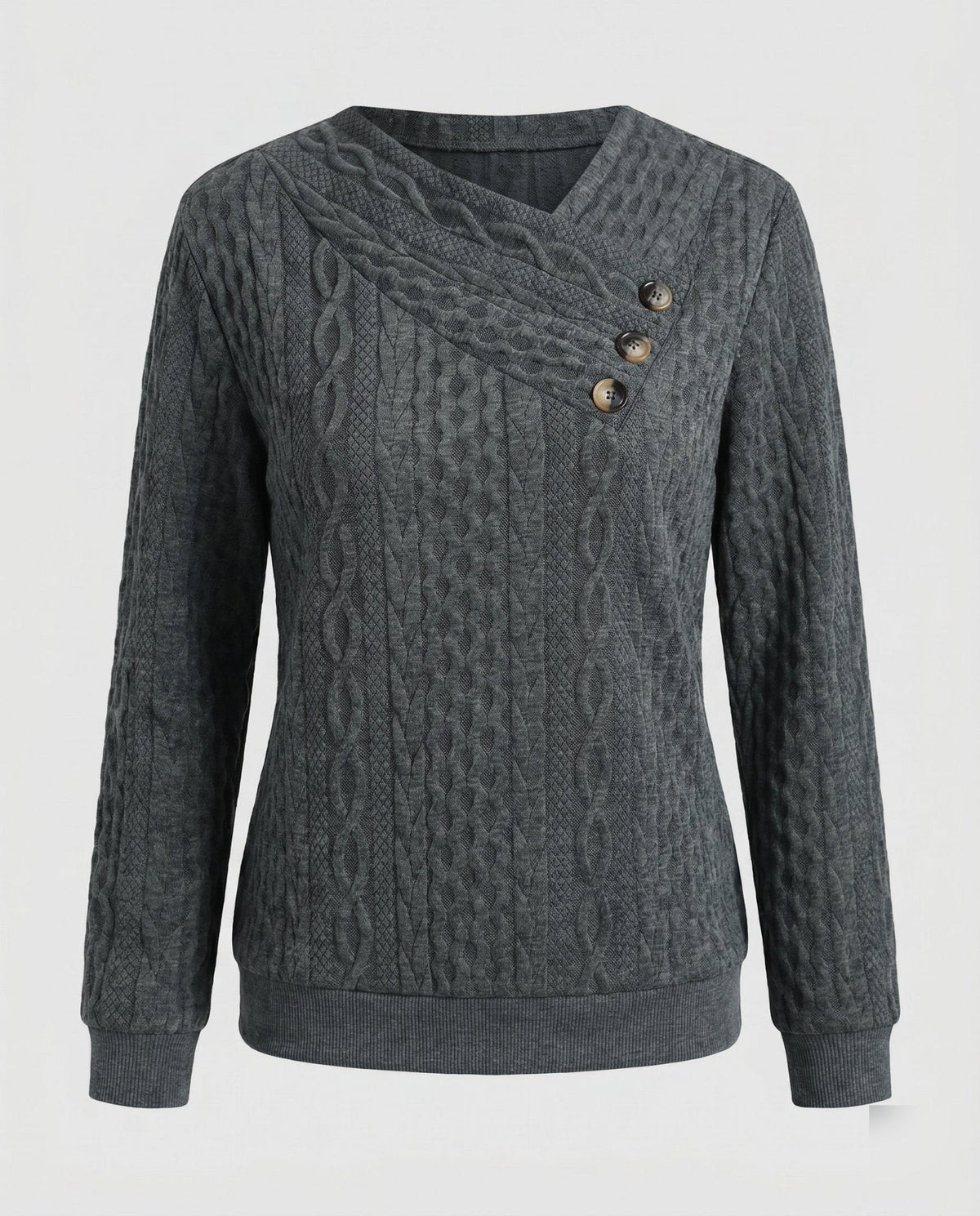 Women's knit sweater with diagonal button decoration and textured surface - Chichicherry