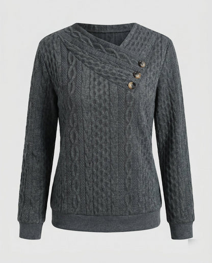 Women's knit sweater with diagonal button decoration and textured surface - Chichicherry