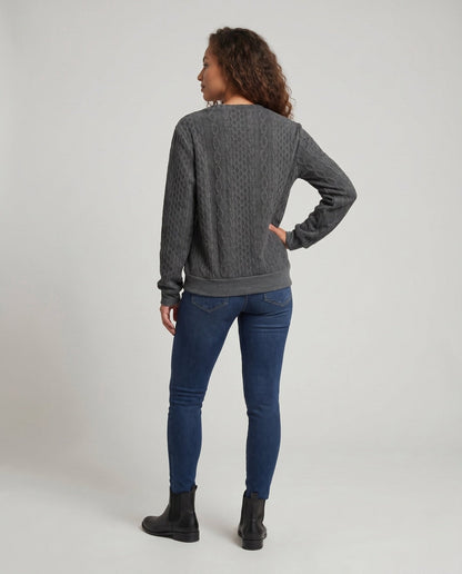 Women's knit sweater with diagonal button decoration and textured surface - Chichicherry