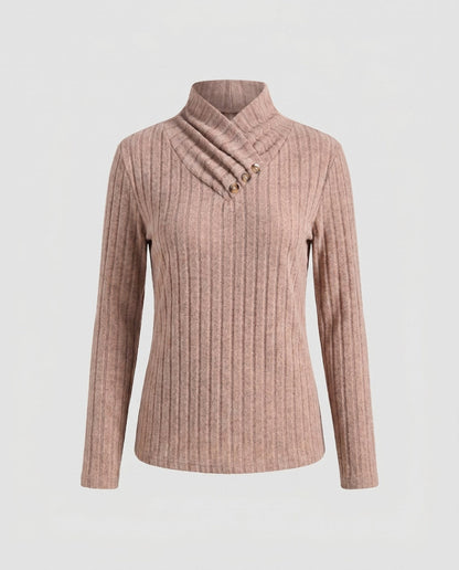 Women's knit sweater with elegant collar structure and decorative button details - Chichicherry