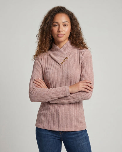 Women's knit sweater with elegant collar structure and decorative button details - Chichicherry