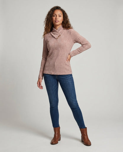Women's knit sweater with elegant collar structure and decorative button details - Chichicherry
