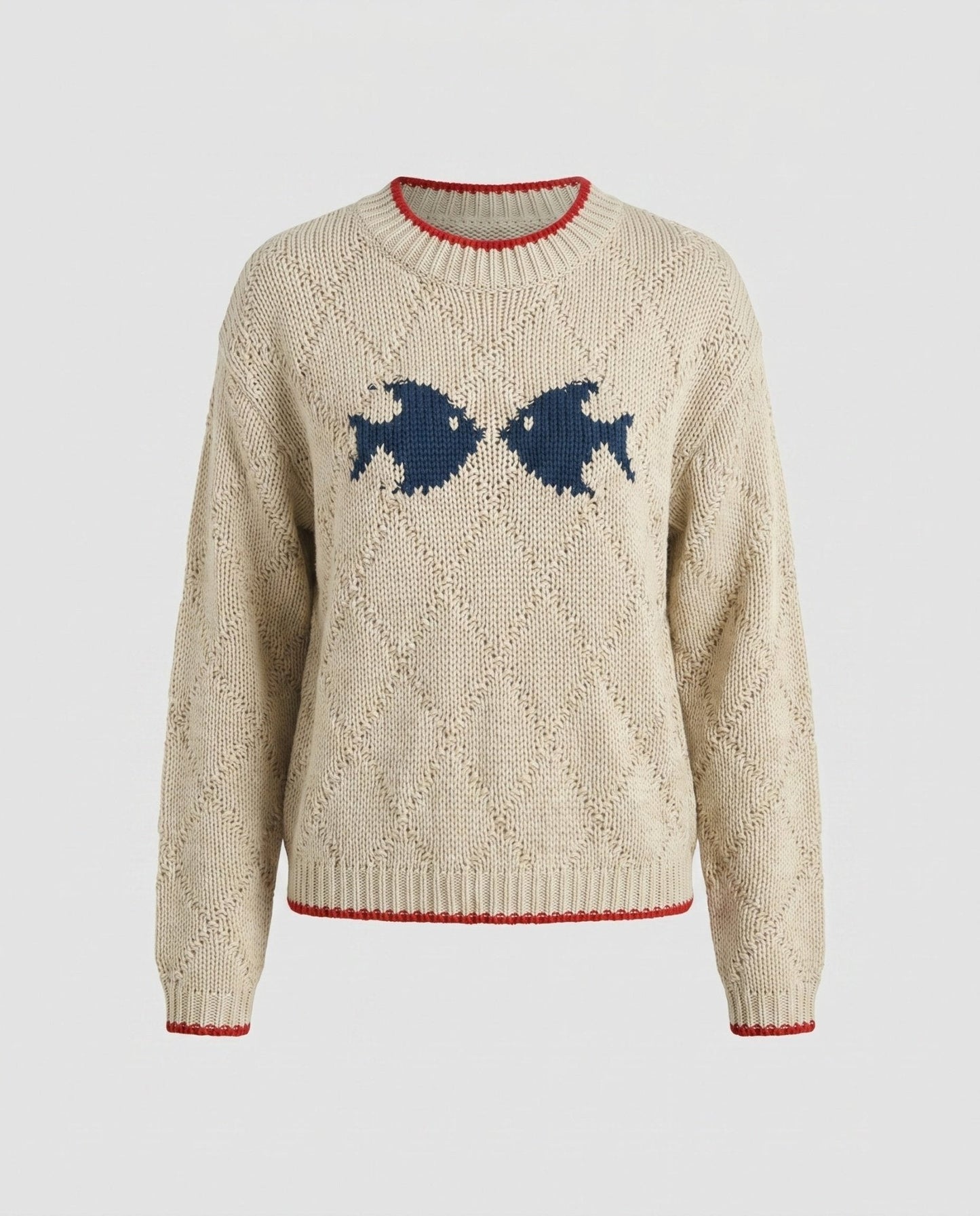 Women's knit sweater with fish motif and colorful hem - Chichicherry