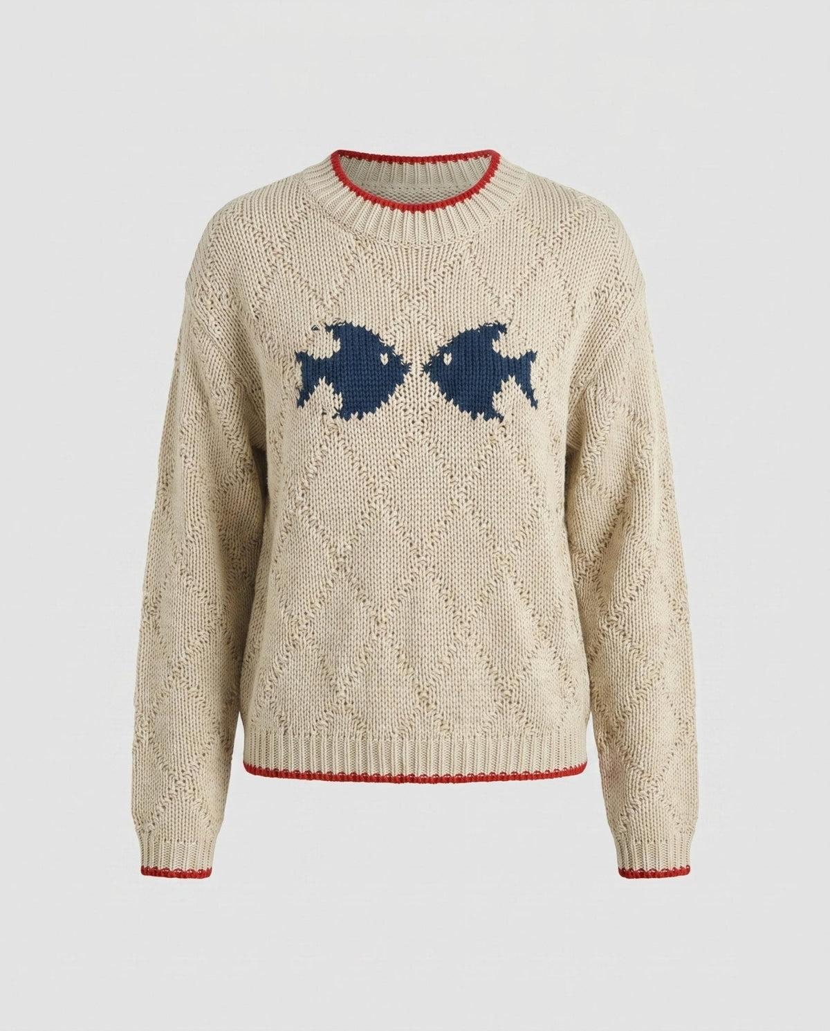 Women's knit sweater with fish motif and colorful hem - Chichicherry