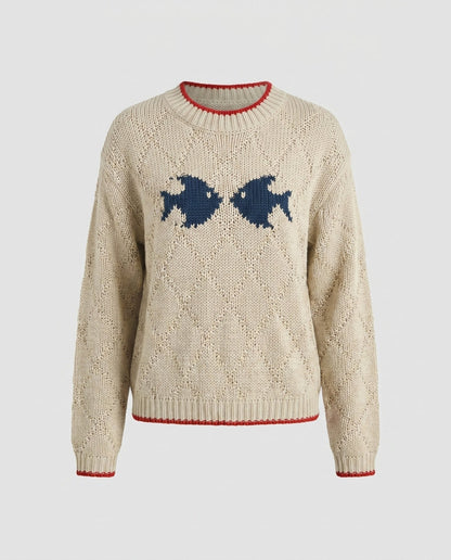Women's knit sweater with fish motif and colorful hem - Chichicherry