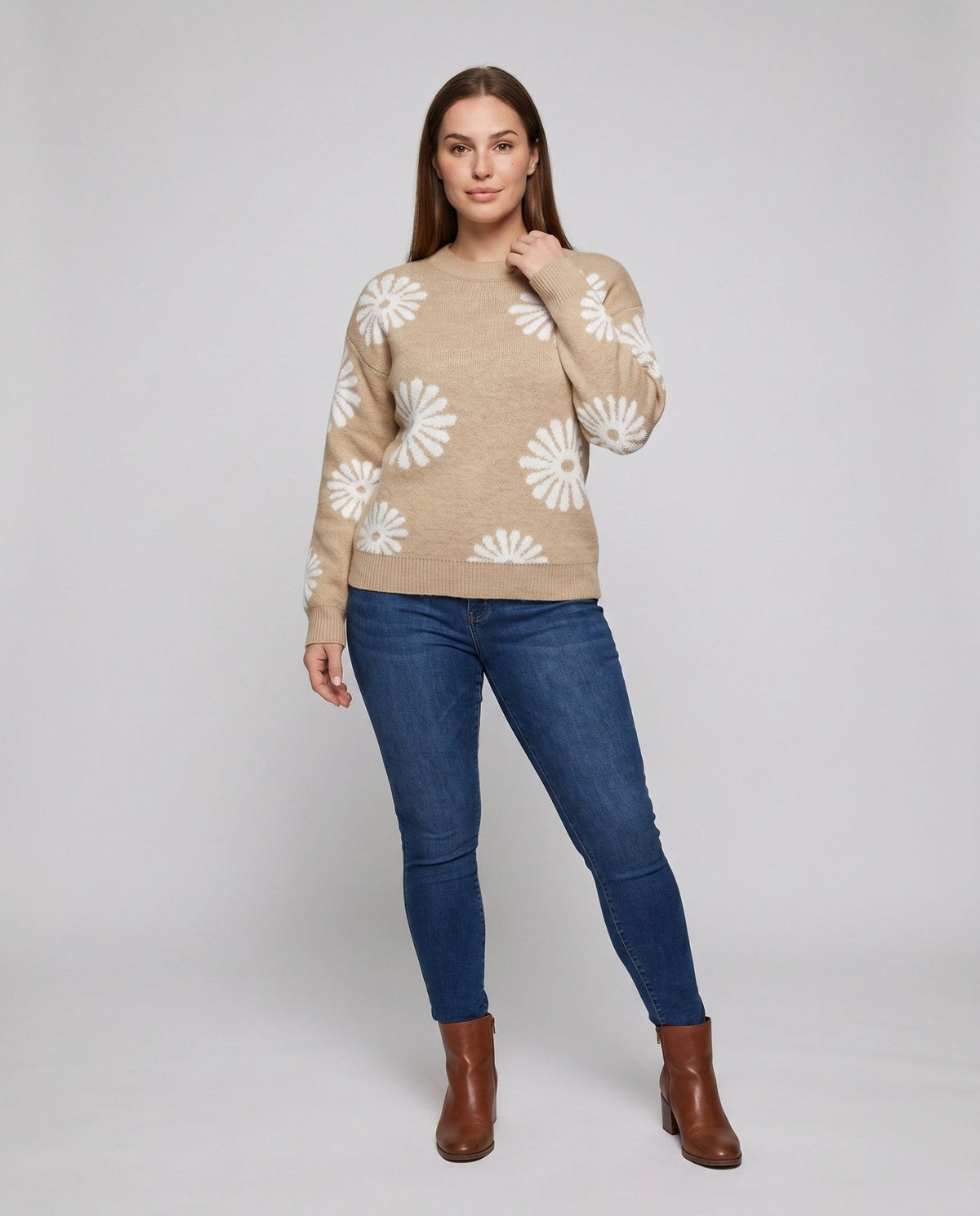 Women's knit sweater with floral patterns and fashionable cut - Chichicherry