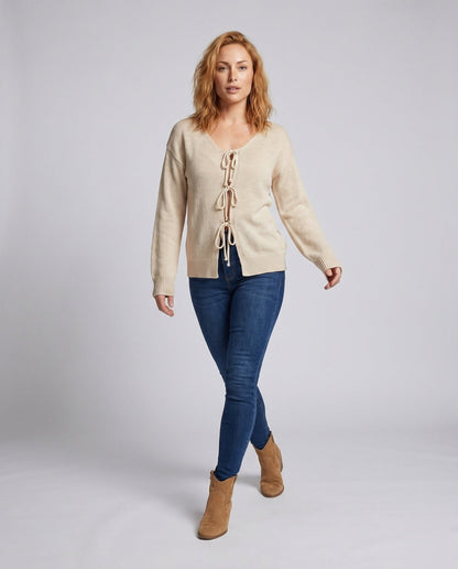 Women's knit sweater with playful drawstrings and casual fit - Chichicherry