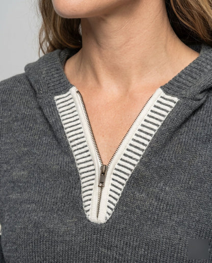 Women's knit sweater with stylish contrast details and half zipper - Chichicherry