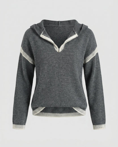 Women's knit sweater with stylish contrast details and half zipper - Chichicherry