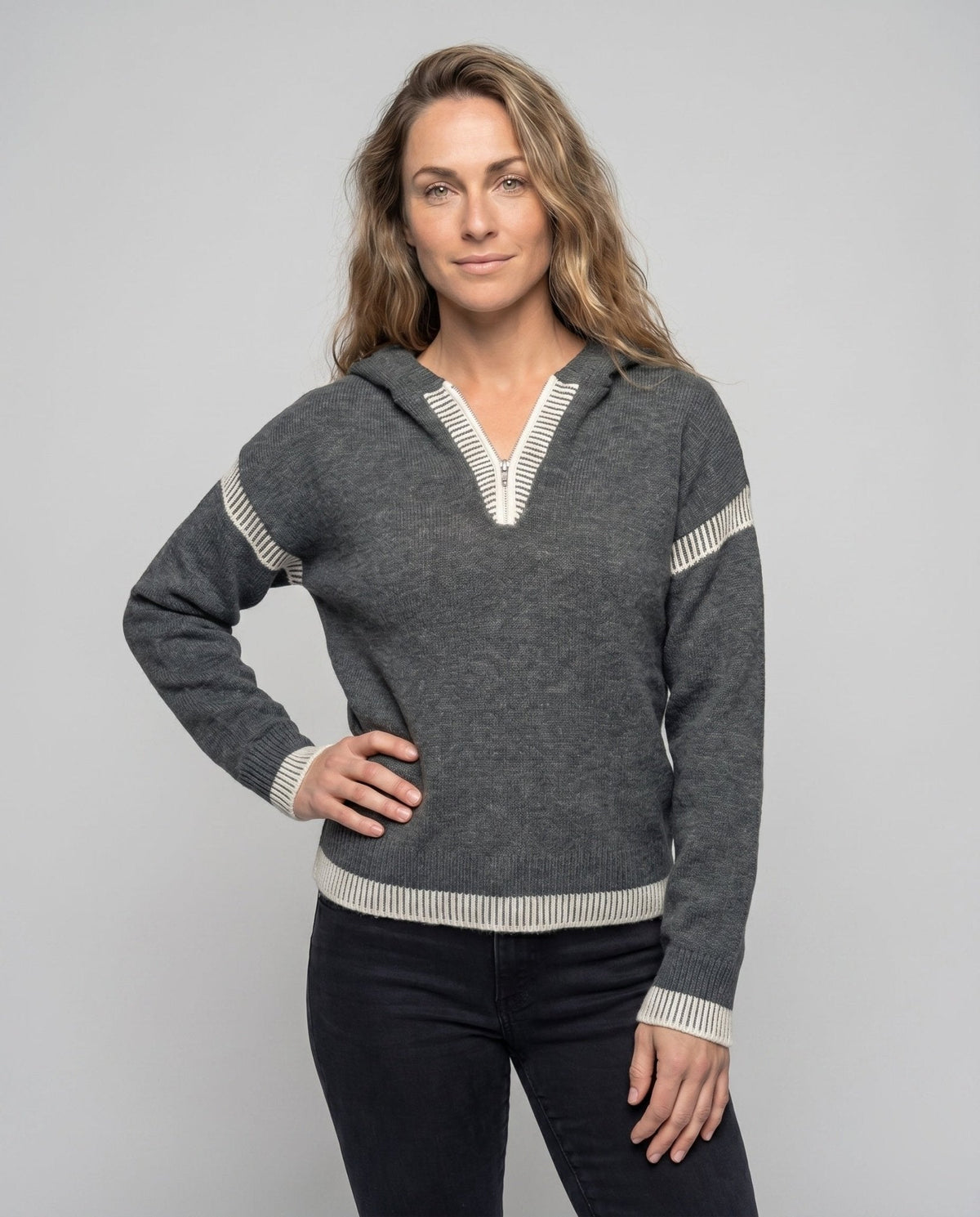 Women's knit sweater with stylish contrast details and half zipper - Chichicherry