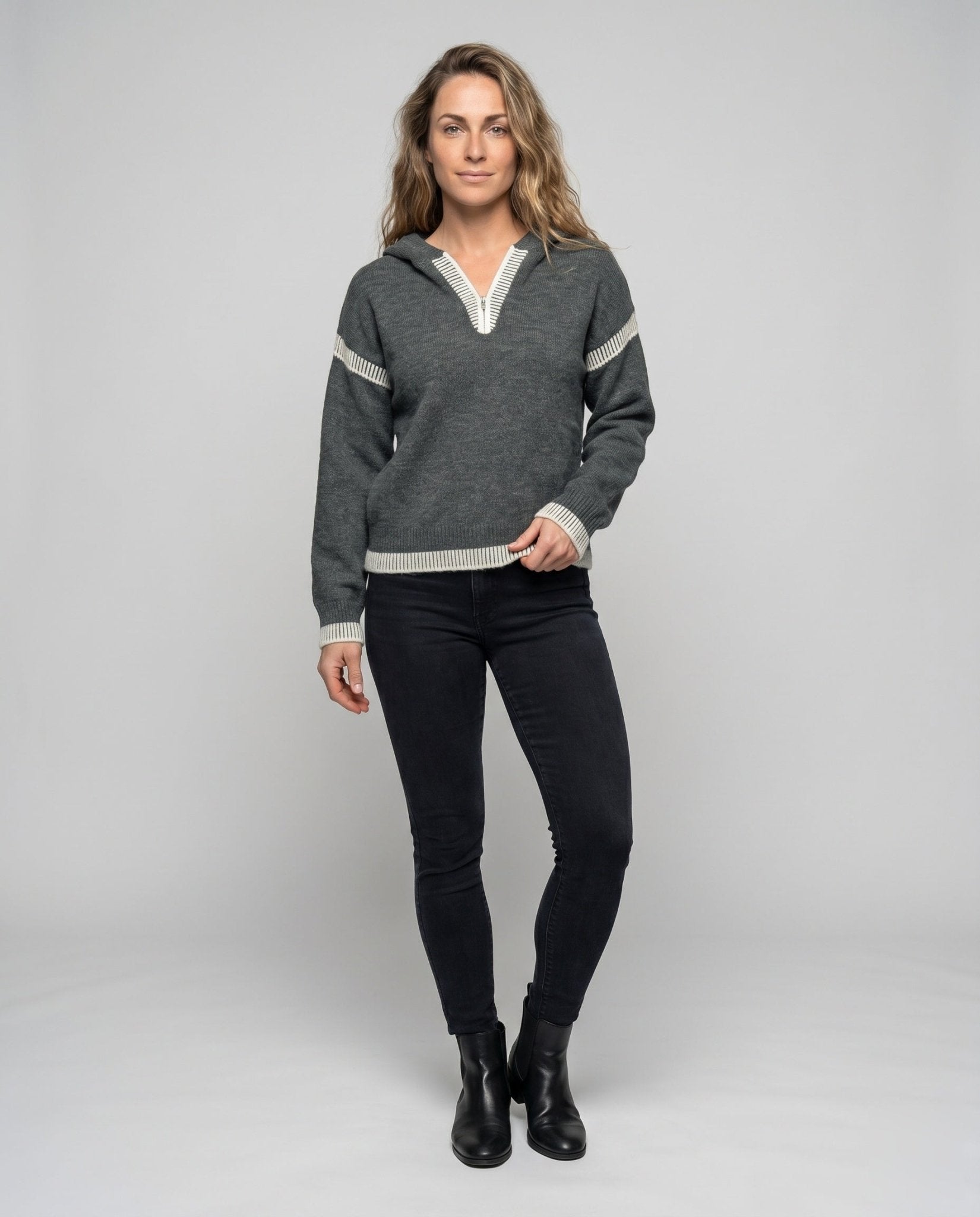 Women's knit sweater with stylish contrast details and half zipper - Chichicherry