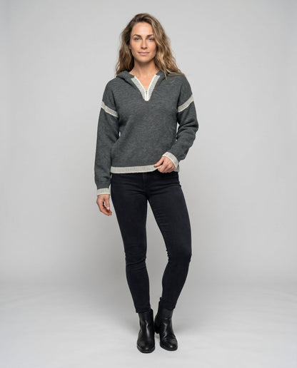 Women's knit sweater with stylish contrast details and half zipper - Chichicherry