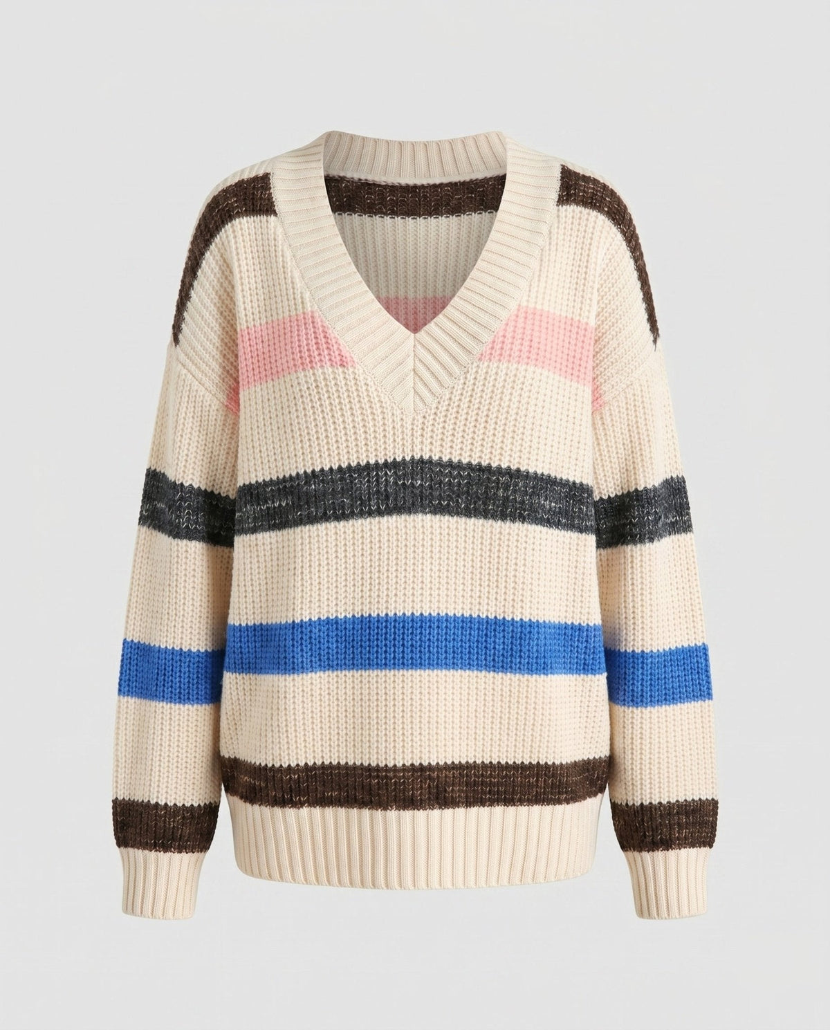 Women's knit sweater with V-neck and casual stripe pattern - Chichicherry