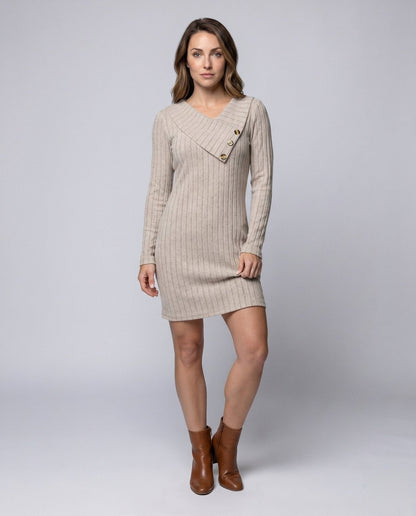 Women's knitted dress with asymmetrical neckline and decorative buttons - Chichicherry