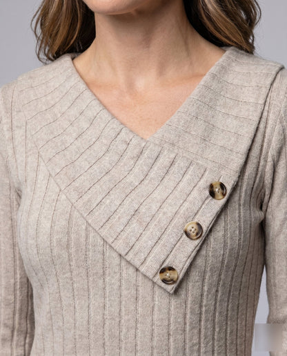 Women's knitted dress with asymmetrical neckline and decorative buttons - Chichicherry