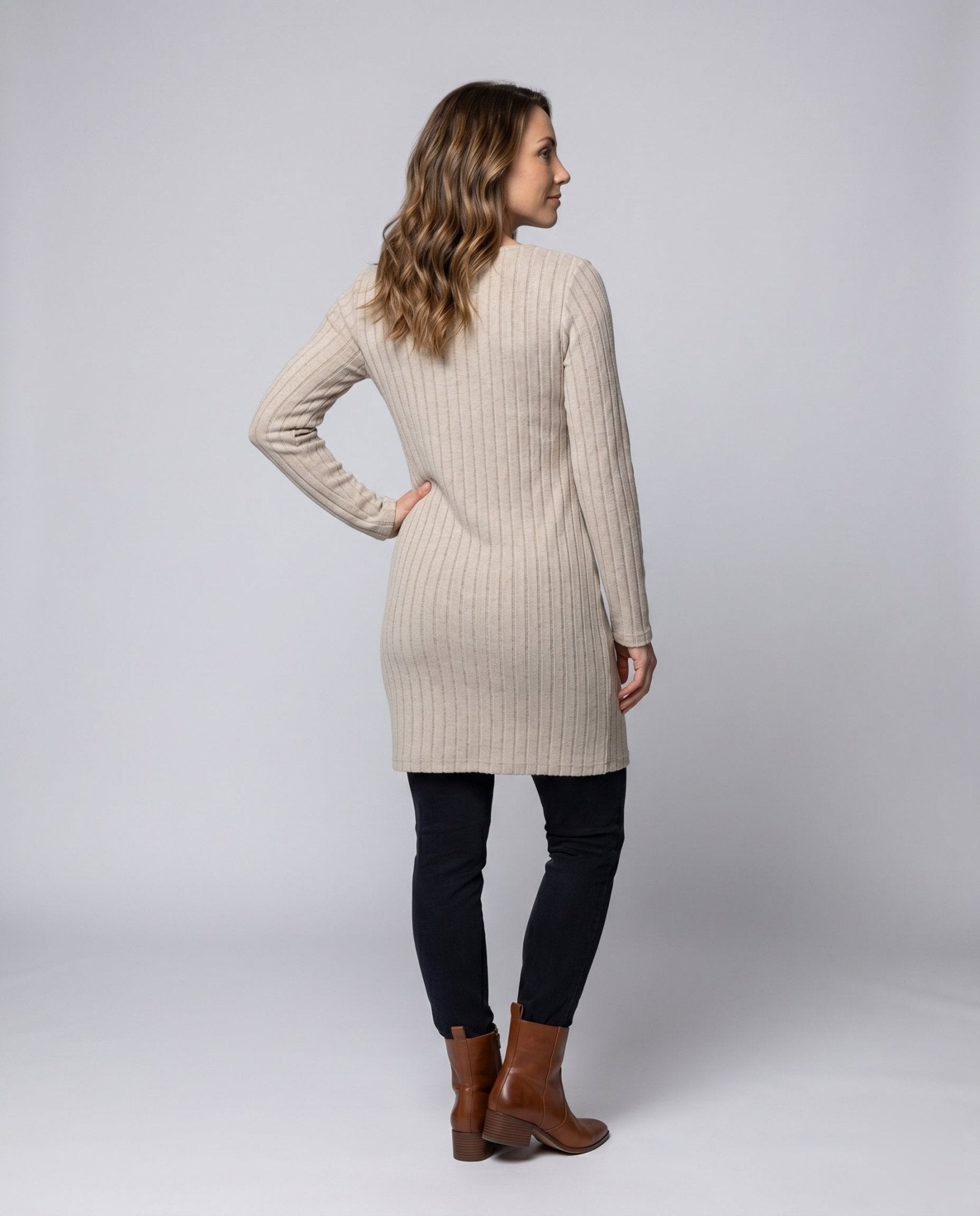 Women's knitted dress with asymmetrical neckline and decorative buttons - Chichicherry