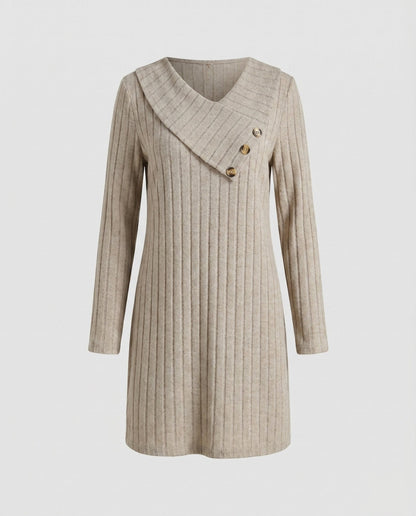 Women's knitted dress with asymmetrical neckline and decorative buttons - Chichicherry