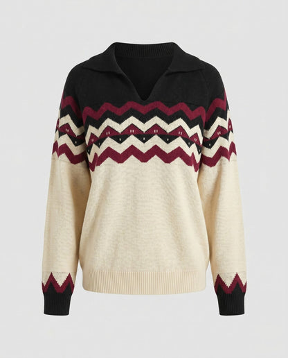 Women's knitted pullover with geometric pattern and modern collar - Chichicherry