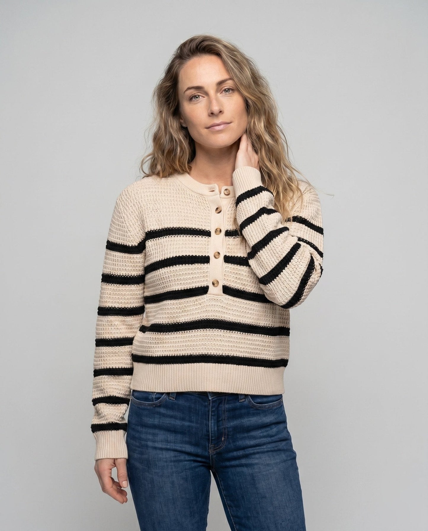 Women's knitted sweater with button placket and striped pattern - Chichicherry