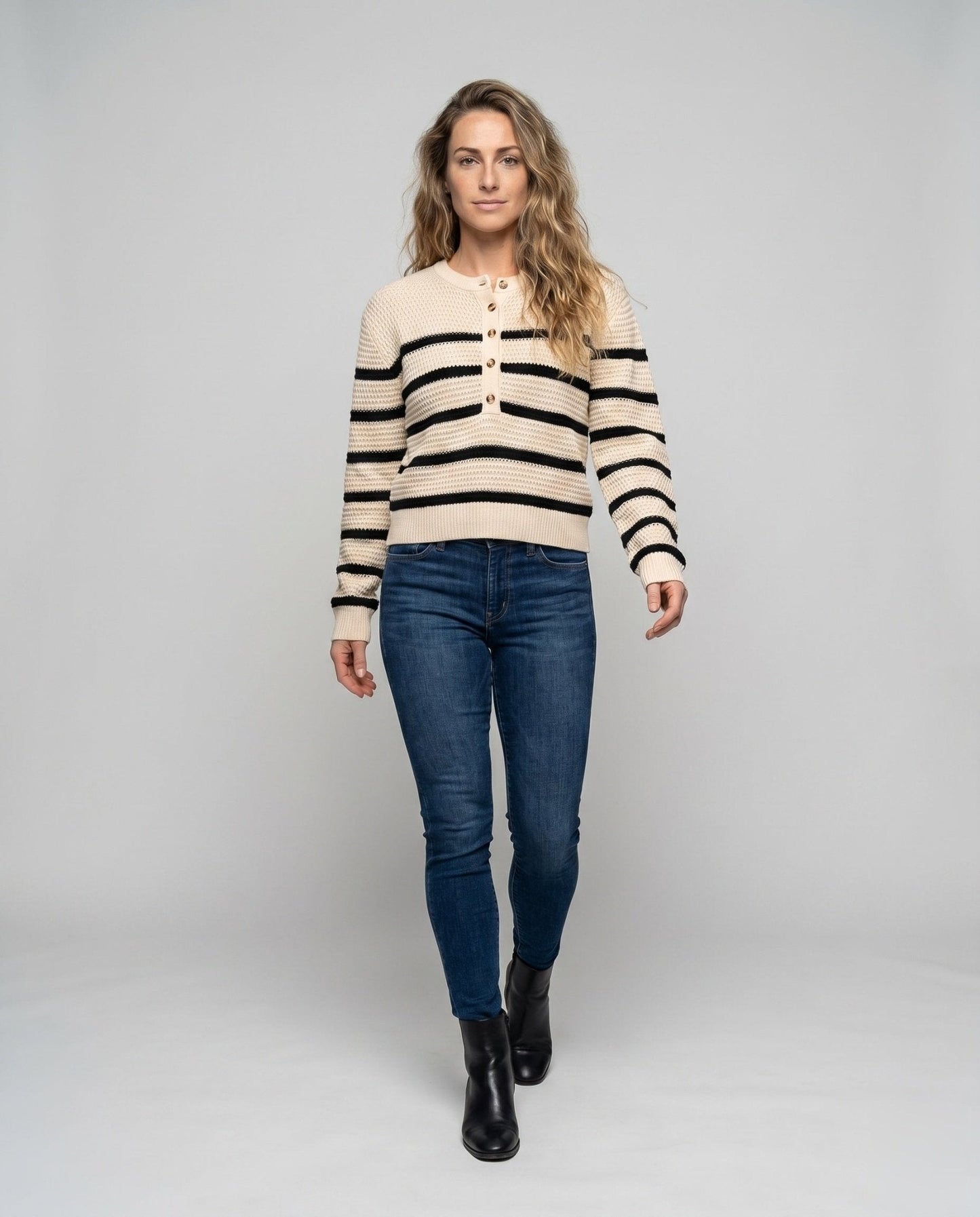 Women's knitted sweater with button placket and striped pattern - Chichicherry