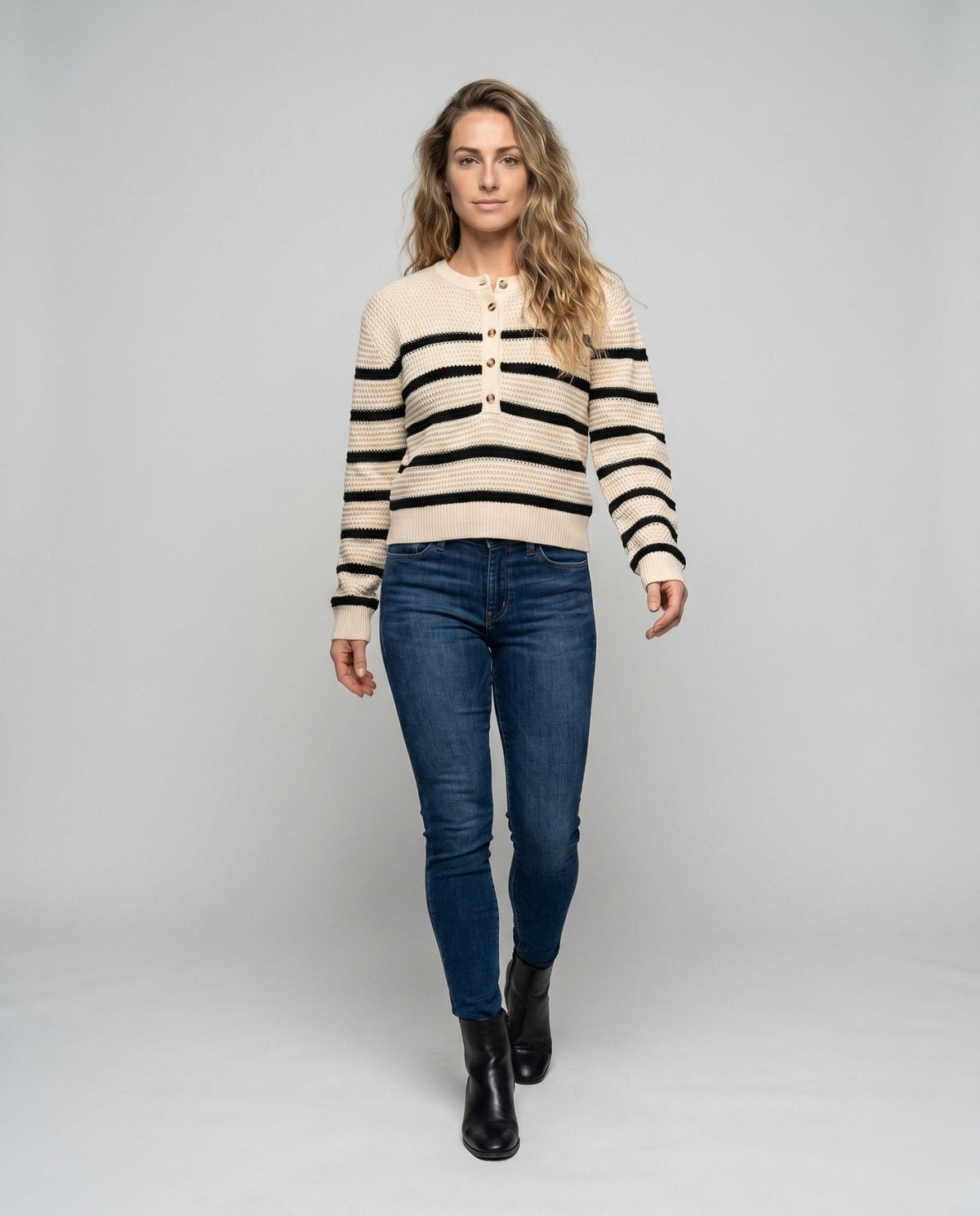 Women's knitted sweater with button placket and striped pattern - Chichicherry