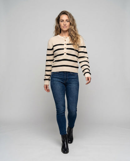 Women's knitted sweater with button placket and striped pattern - Chichicherry