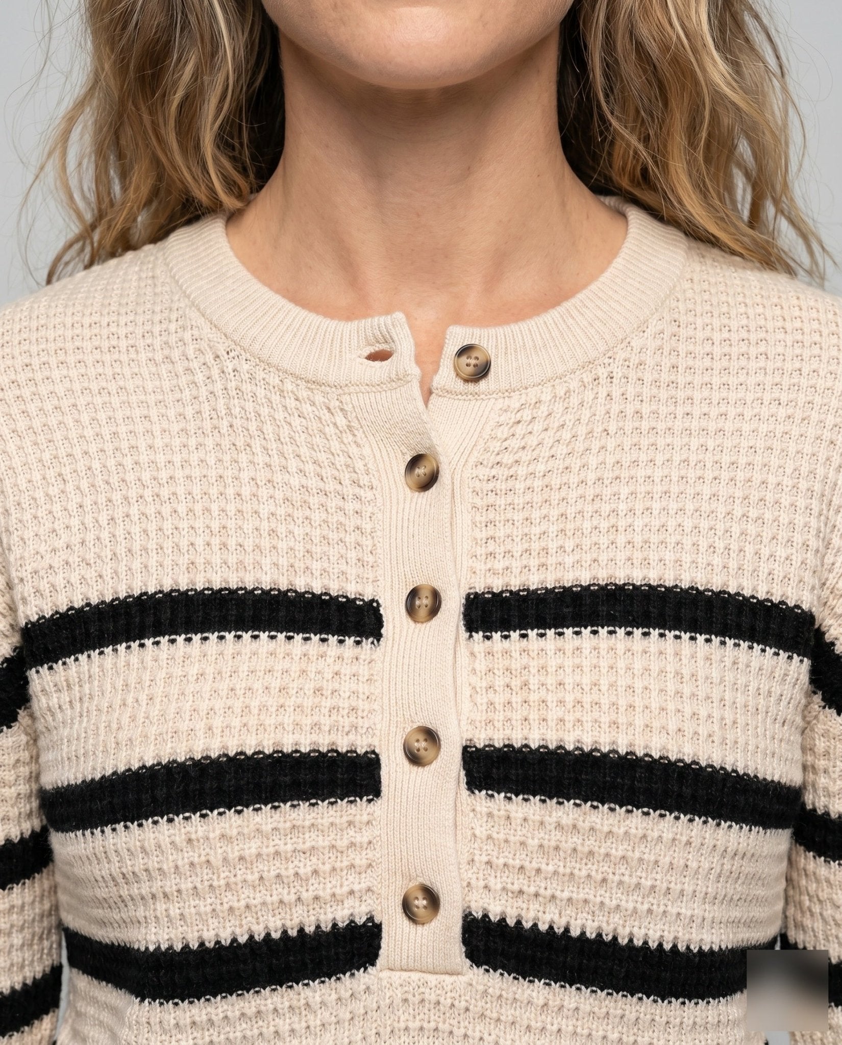 Women's knitted sweater with button placket and striped pattern - Chichicherry