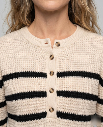 Women's knitted sweater with button placket and striped pattern - Chichicherry