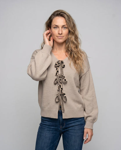 Women's knitted sweater with fashionable V-neck and bow elements - Chichicherry