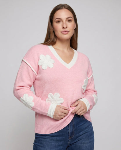 Women's knitted sweater with floral appliqués - Chichicherry