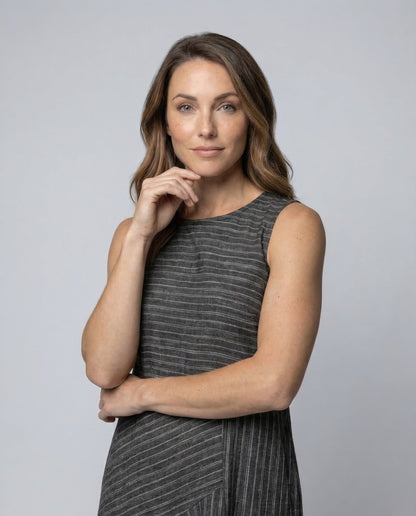 Women's Linen Blend Midi Dress Fine Stripe Structure - upper body detail
