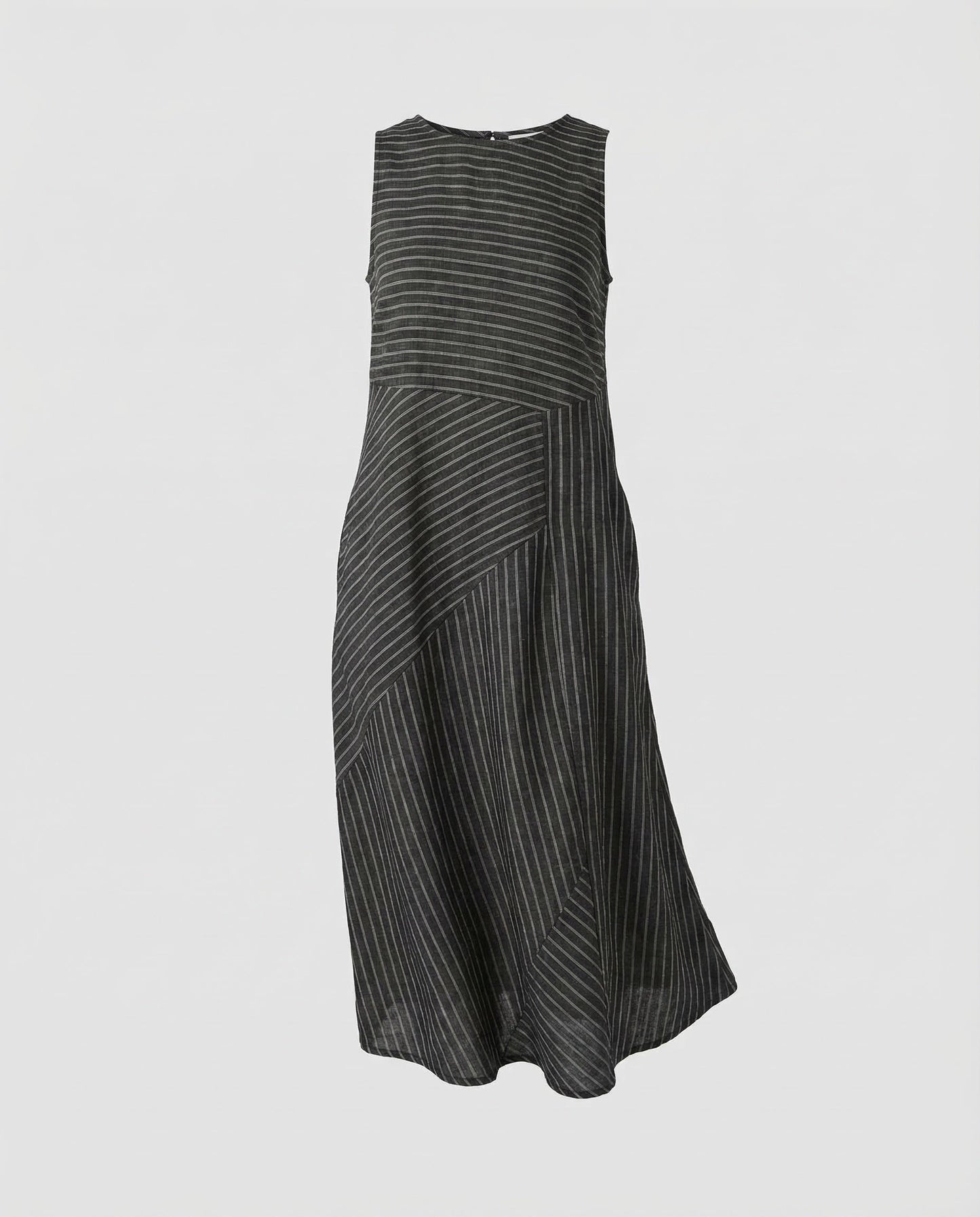 Women's Linen Blend Midi Dress Fine Stripe Structure - Black colorway