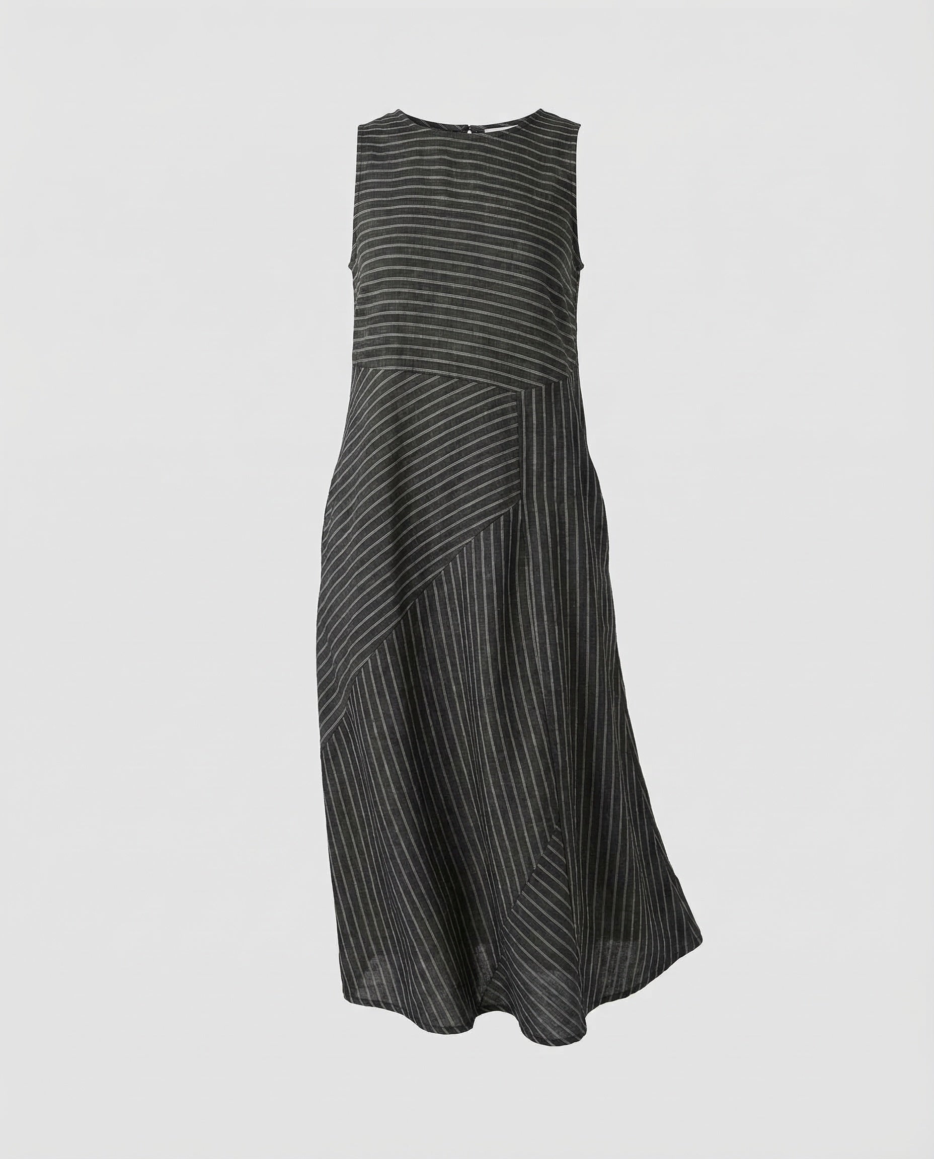Women's Linen Blend Midi Dress Fine Stripe Structure - Black colorway