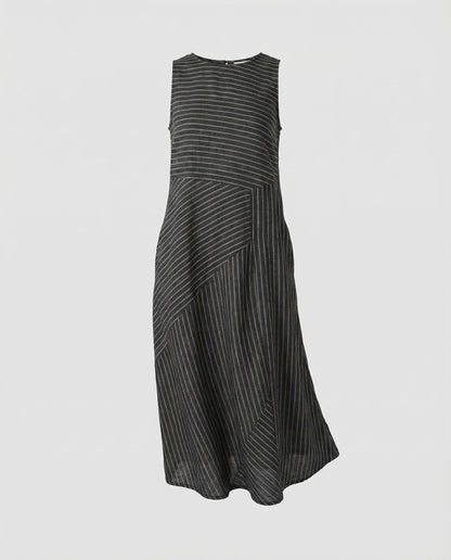 Women's Linen Blend Midi Dress Fine Stripe Structure - Black colorway