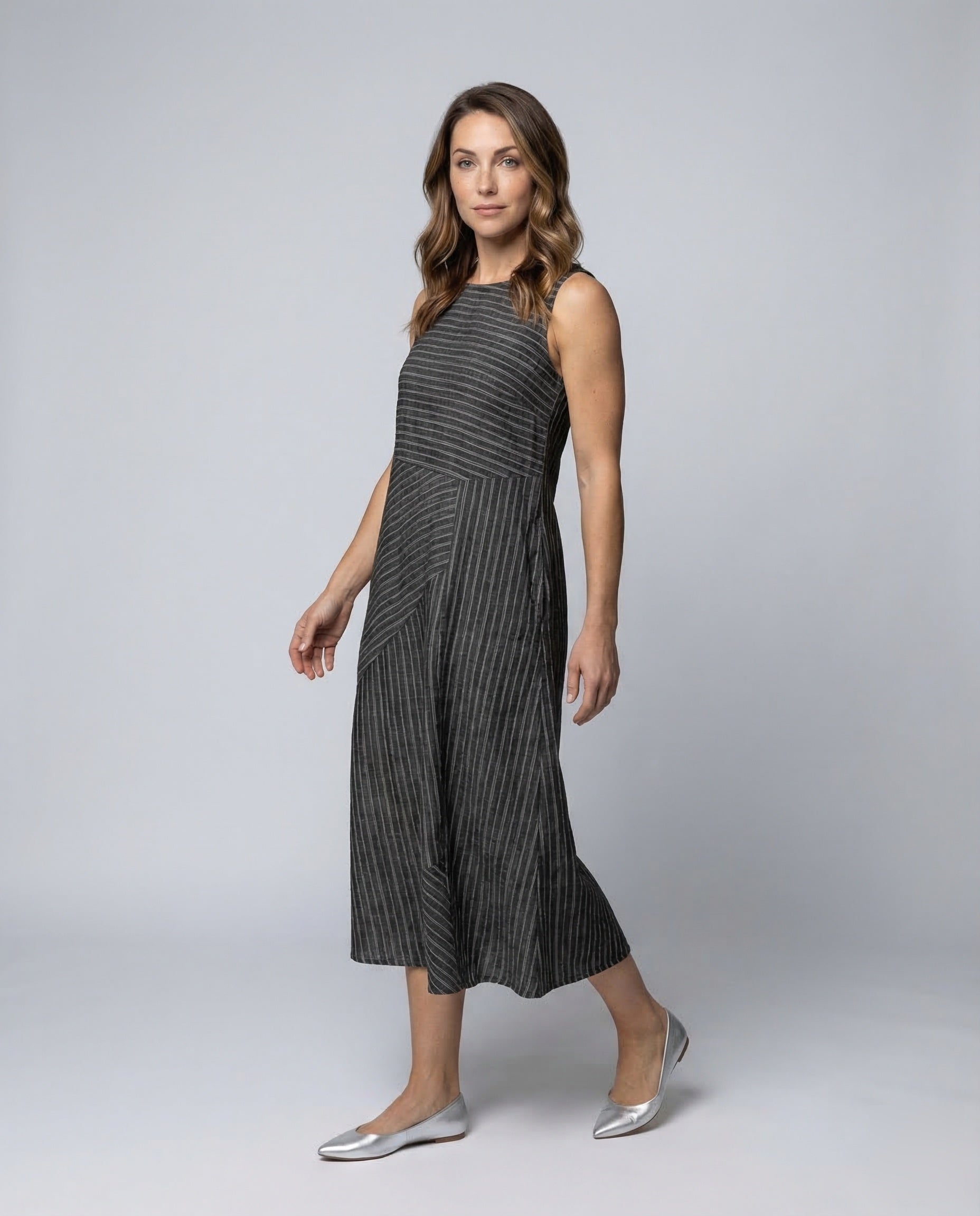 Women's Linen Blend Midi Dress Fine Stripe Structure - front view
