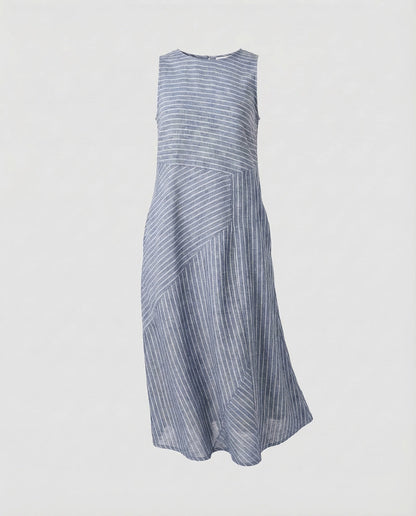 Women's Linen Blend Midi Dress Fine Stripe Structure - Blue colorway