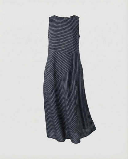 Women's Linen Blend Midi Dress Fine Stripe Structure - Dark Blue colorway