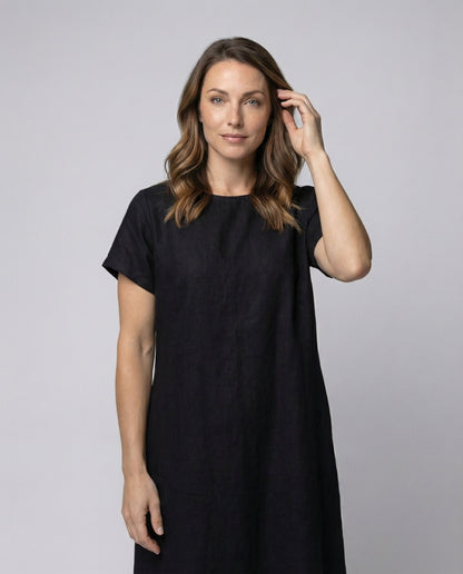 Women's Linen Blend Midi Dress Ship Neckline - upper body detail