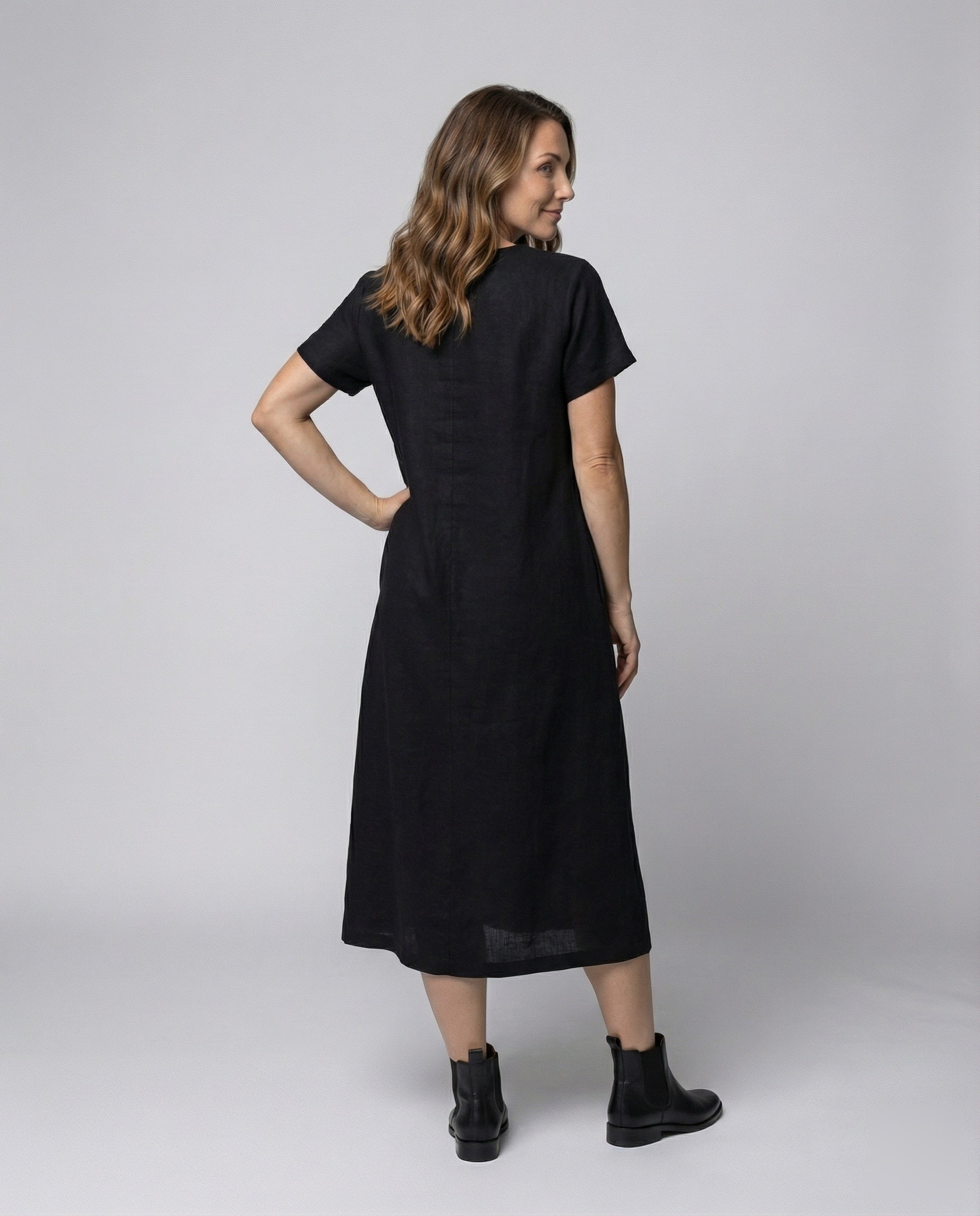 Women's Linen Blend Midi Dress Ship Neckline - back view